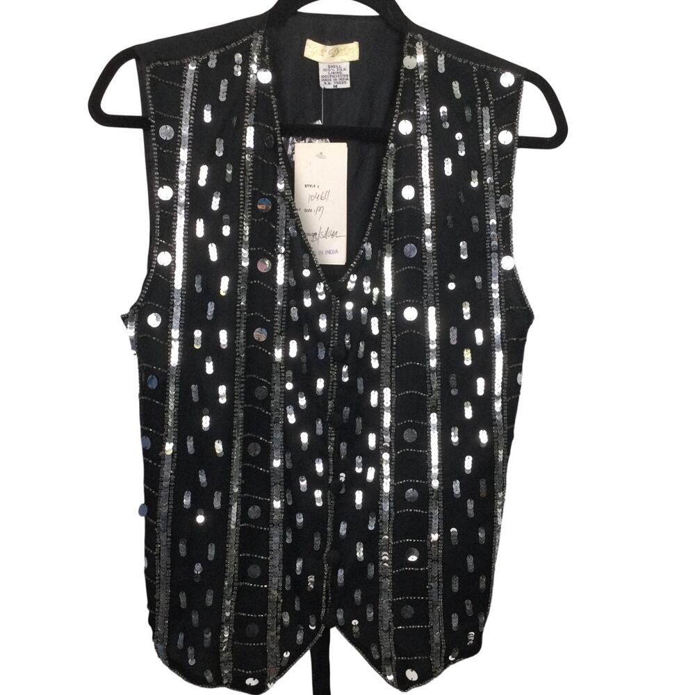 Your Destiny Retro Y2K Vintage Festival Silk Silver Sequins Beaded Lined Vest M